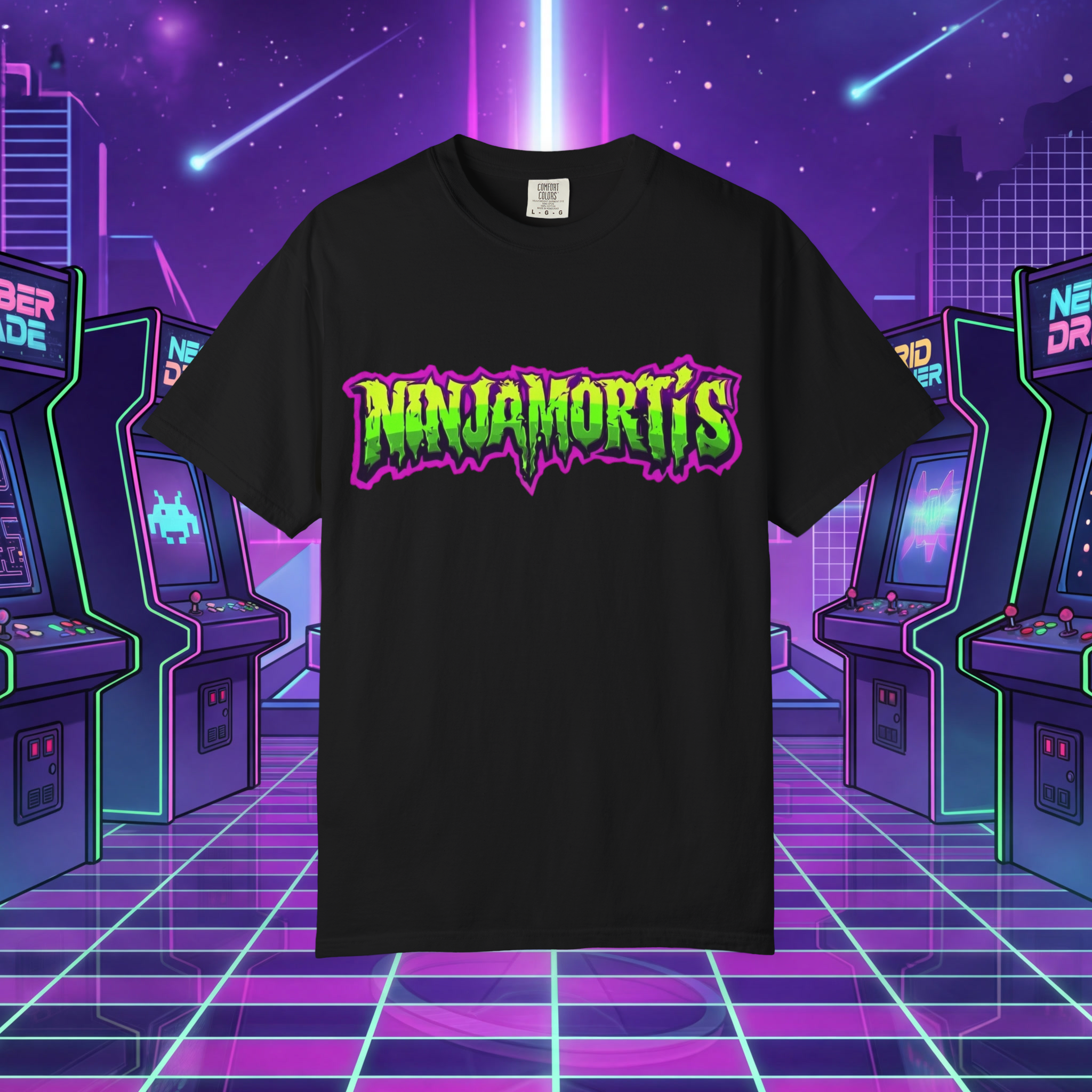 Ninjamortis Graphic T-Shirt — Retro Neon Horror Logo Tee