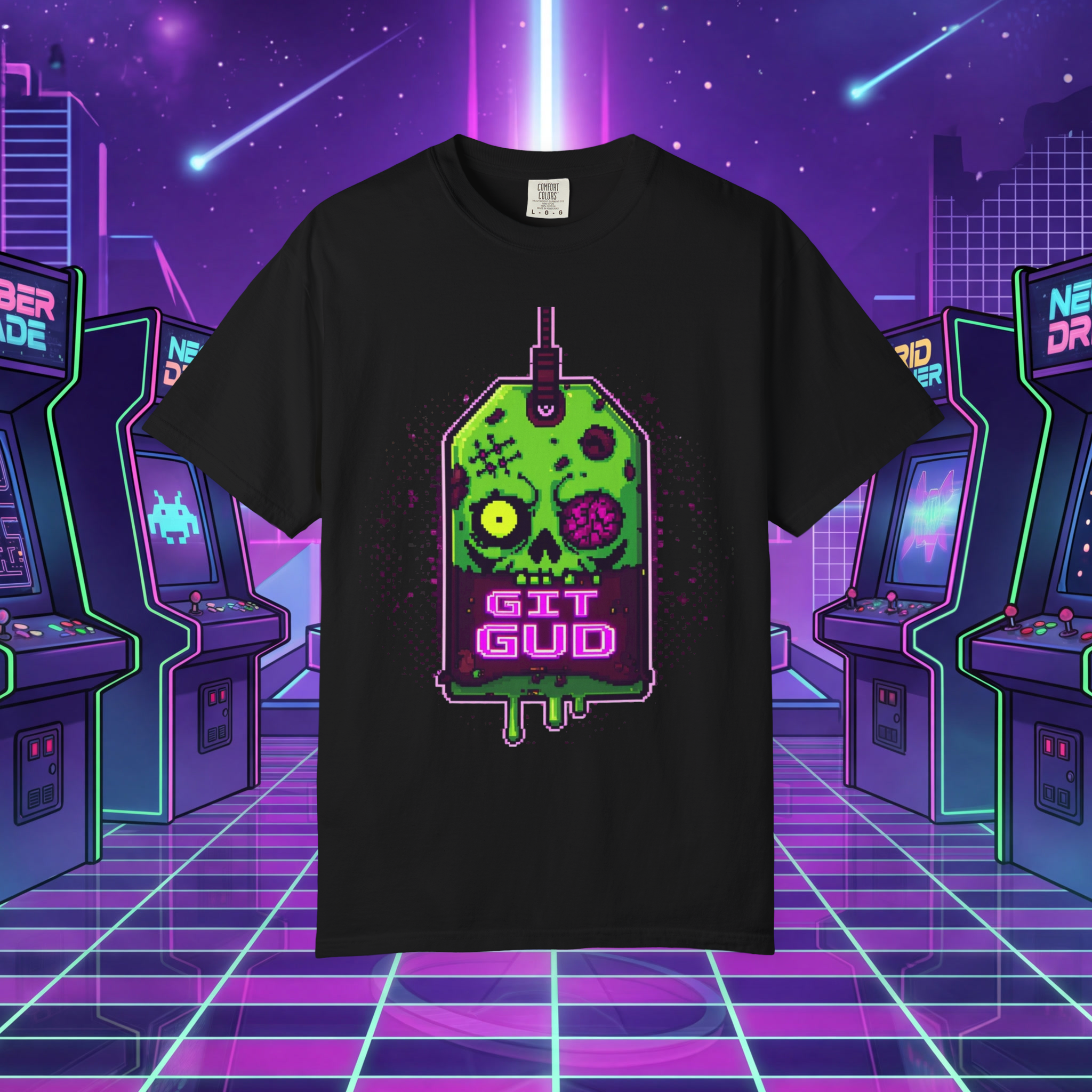 Gaming Skull Tea Bag — 'Git Gud' Neon Retro Video Game T-Shirt